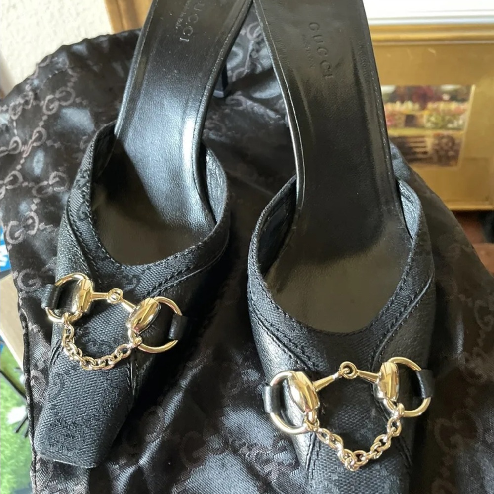 TOM FORD For GUCCI
Horsebit Chain Blk Leather And Logo Mule  Slides heels 7